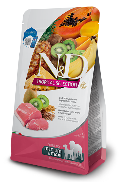 Farmina Ricetta suino, farro, avena e frutti tropicali. Alimento completo per cani adulti.