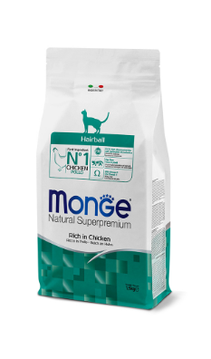 Crocchette Monge Natural Superpremium Hairball Ricco in Pollo per gatti, confezione con sacco di cibo per la cura dei pelo.