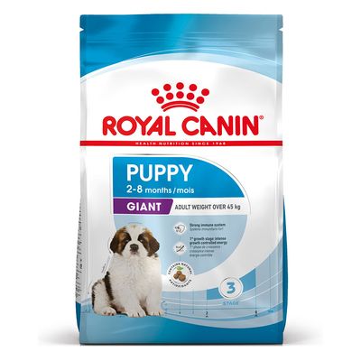 Cibo per cani Puppy Giant Royal Canin AGRIAPPIA, sacco di alimento per cani adulti di taglia grande, con crocchette visibili nella foto.