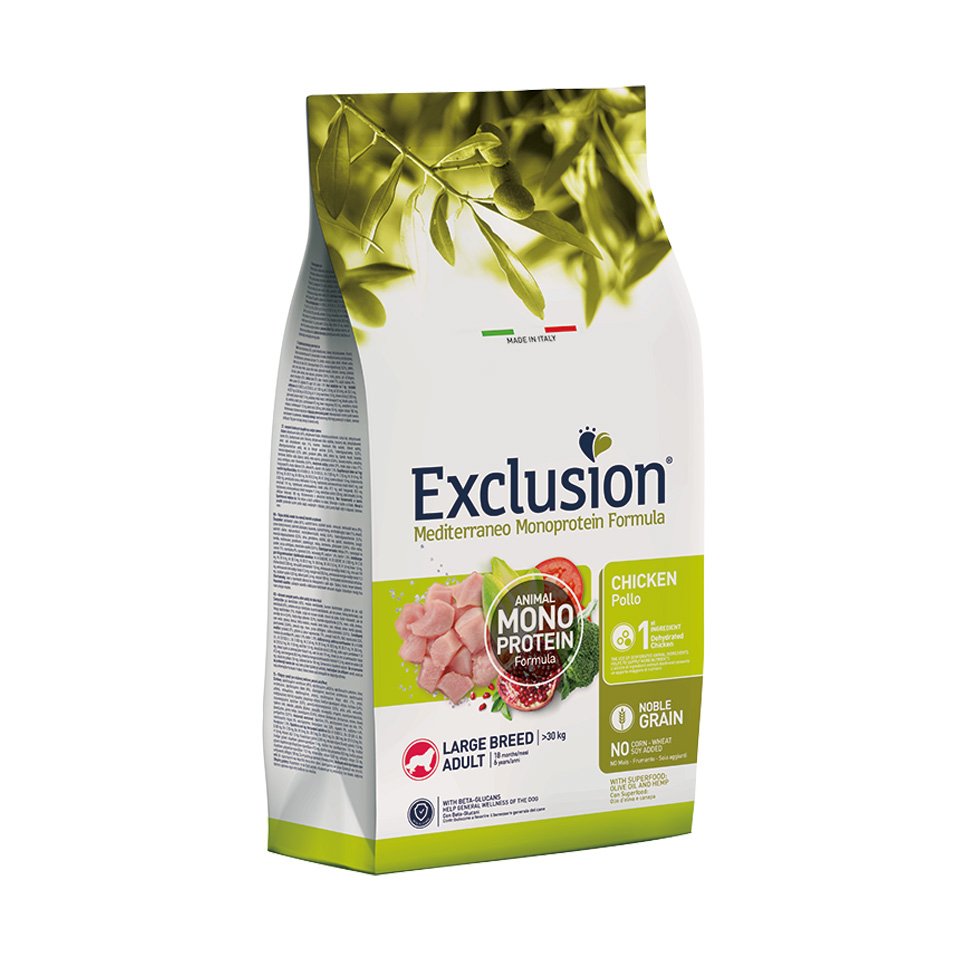 Cibo per cani AGRIAPPIA Exclusion Mediterraneo Noble Grain per cani adulti di taglia grande, crocchette da 12kg, con pollo.