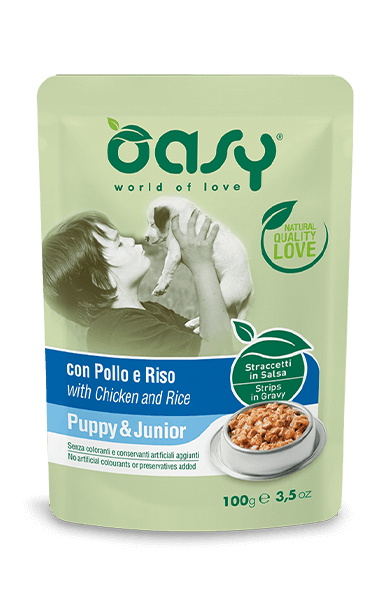Straccetti in salsa per cani Oasy di AgriAppia, pezzi di carne in salsa appetitosa, ideale per alimentazione dog-friendly.