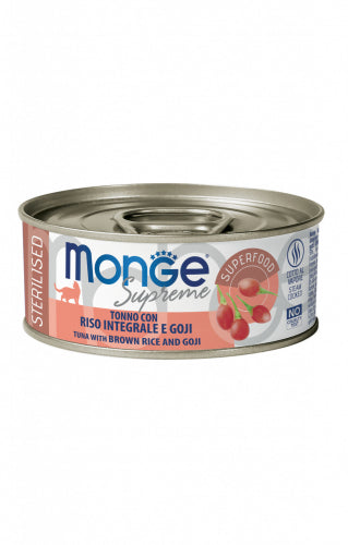 Tonno per gatti Monge Supreme AgriaPPIA, scatola da 80 g, con pezzetti di tonno e goji, visibile sulla confezione.