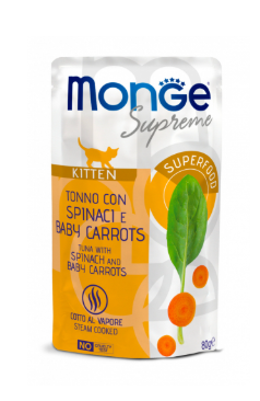 Crocchette per gatti Monge Supreme AgriaPpia da 80g, confezione con croccantini per l'alimentazione felina.