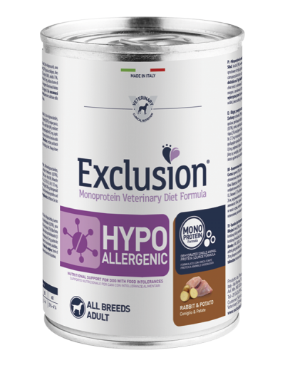Cibo per animali Exclusion Monoprotein Vet Diet AgriaPPIA, ipollergenico, confezione da 400 g, immagine del prodotto.