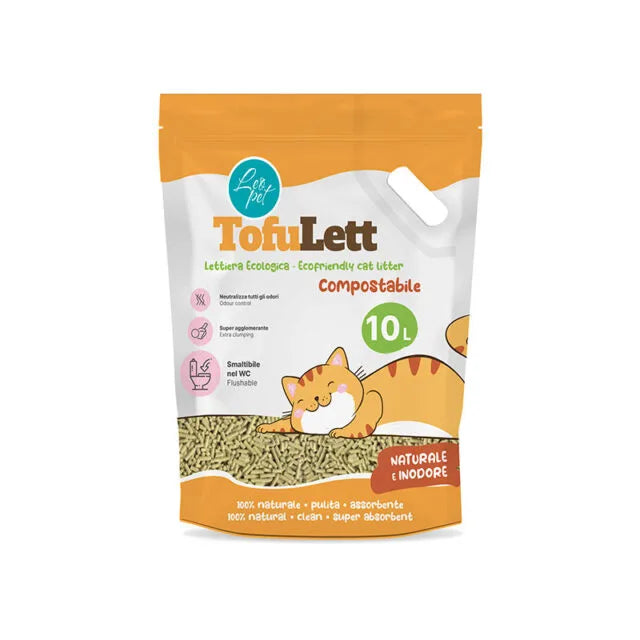 Lettiere agglomerante LeoPet TOFULETT! al tofu di AGRIAPPIA, con ciotola e sacco di lettiera in modo naturale e assorbente