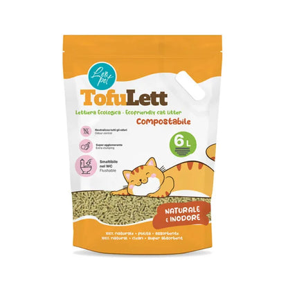 Lettiera al tofu agglomerante LeoPet TOFULETT! di AGRIAPPIA, colore arancione, con granuli di tofu che si agglomerano facilmente.