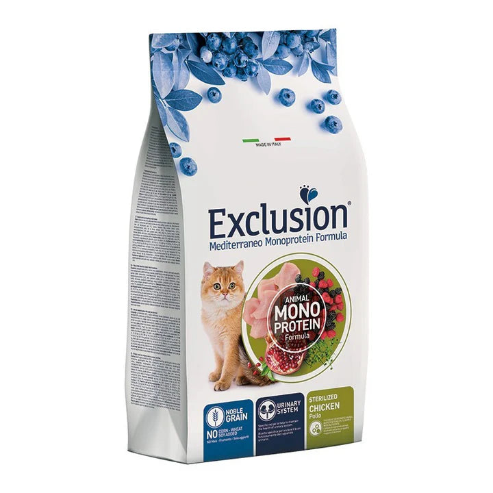 Crocchette per gatti AgriaPia, Exclusion Mediterraneo Noble Grain, alimento sterilizzato con pollo, per gatti adulti.