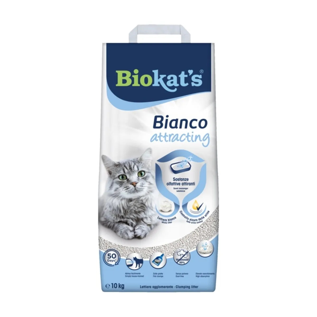 Lettiera agglomerante Biokats Bianco Attracting di AGRIAPPIA, con granuli che attraggono i gatti, in un contenitore bianco.