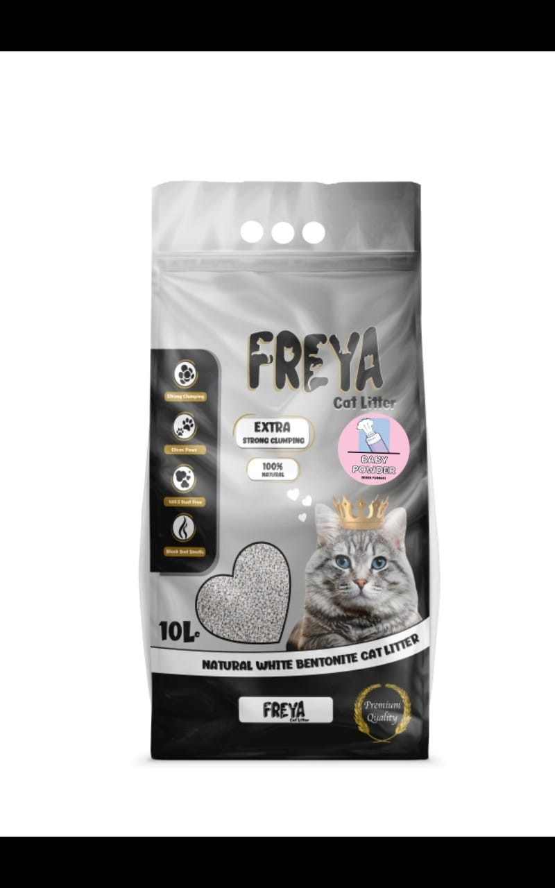 Lettiera biodegradabile per gatti Freya di AGRIAPPIA, con polvere di bambù, visibile in un contenitore ecologico.