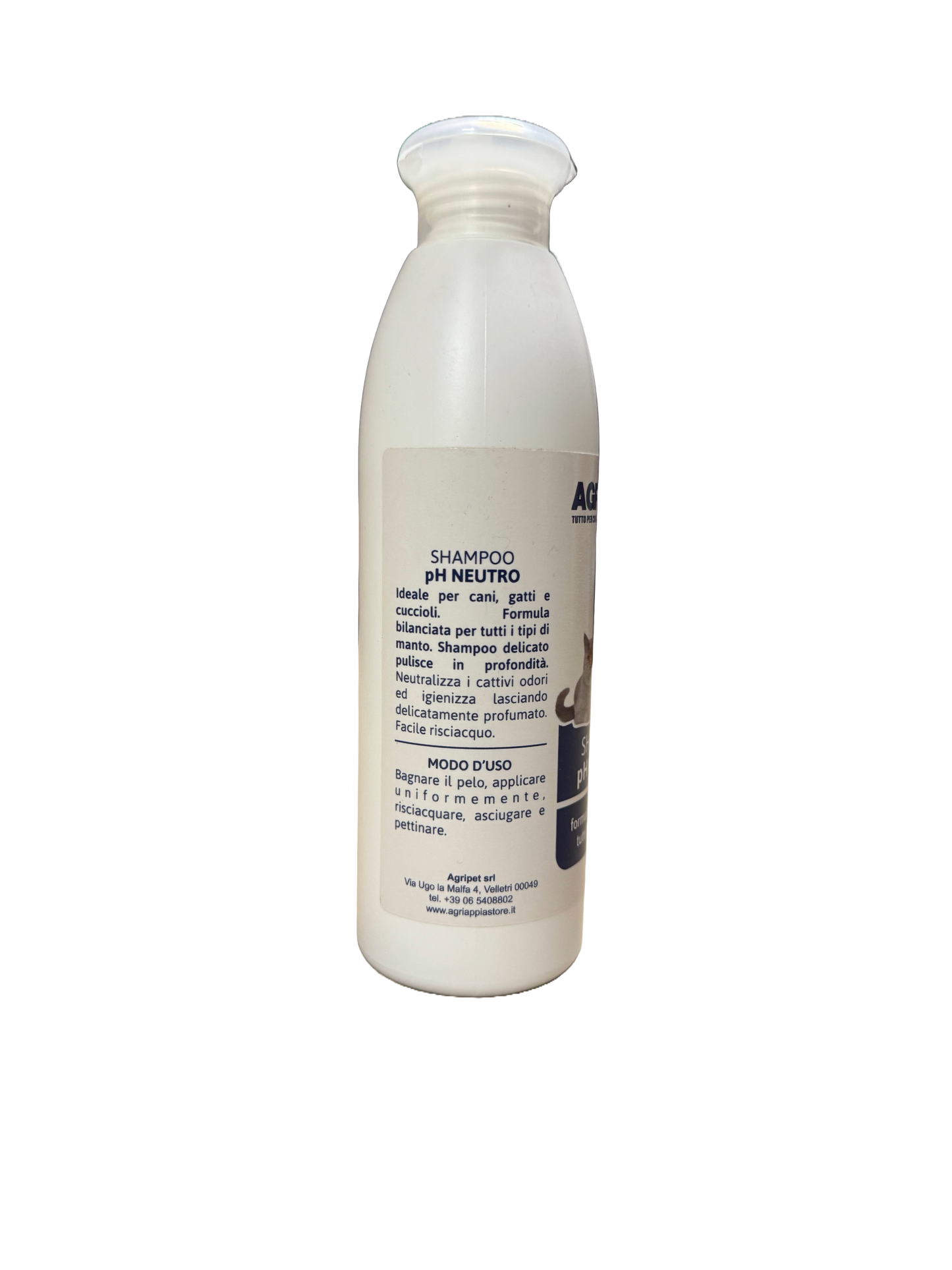 Shampoo Agriappia pH neutro 250ml con bottiglia blu, formula delicata per capelli e cuoio capelluto.