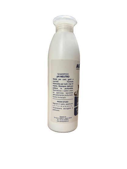 Shampoo Agriappia pH neutro 250ml con bottiglia blu, formula delicata per capelli e cuoio capelluto.