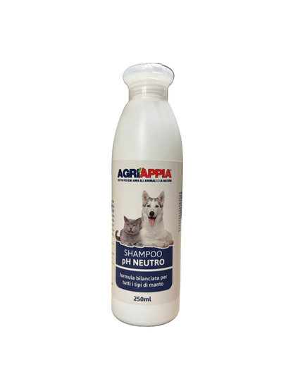 Shampoo Agriappia pH neutro per capelli, bottiglia da 250ml, con etichetta blu e dettagli del prodotto visibili