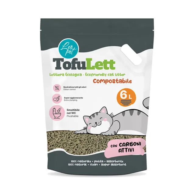 Lettera agglomerante LeoPet TOFULETT! al tofu di AGRIAPPIA, immagine con ciotola di lettiera bianca e tofu in pellet