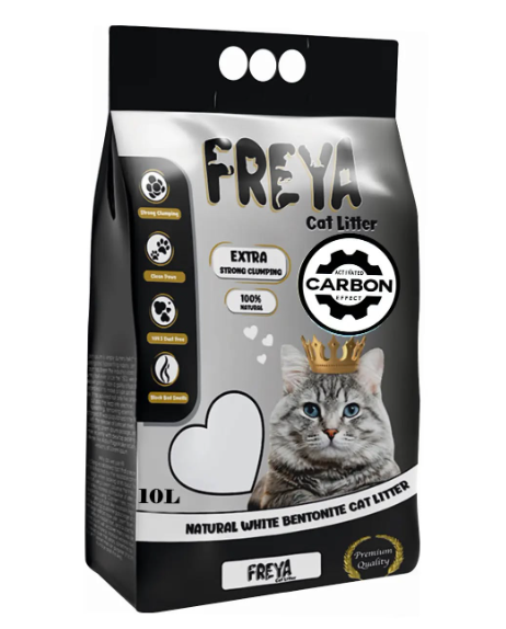 Lettiere biodegradabili per gatti FREYA AGRIAPPIA, con granuli di carbone attivo e contenuto ecologico, visibile in immagine.