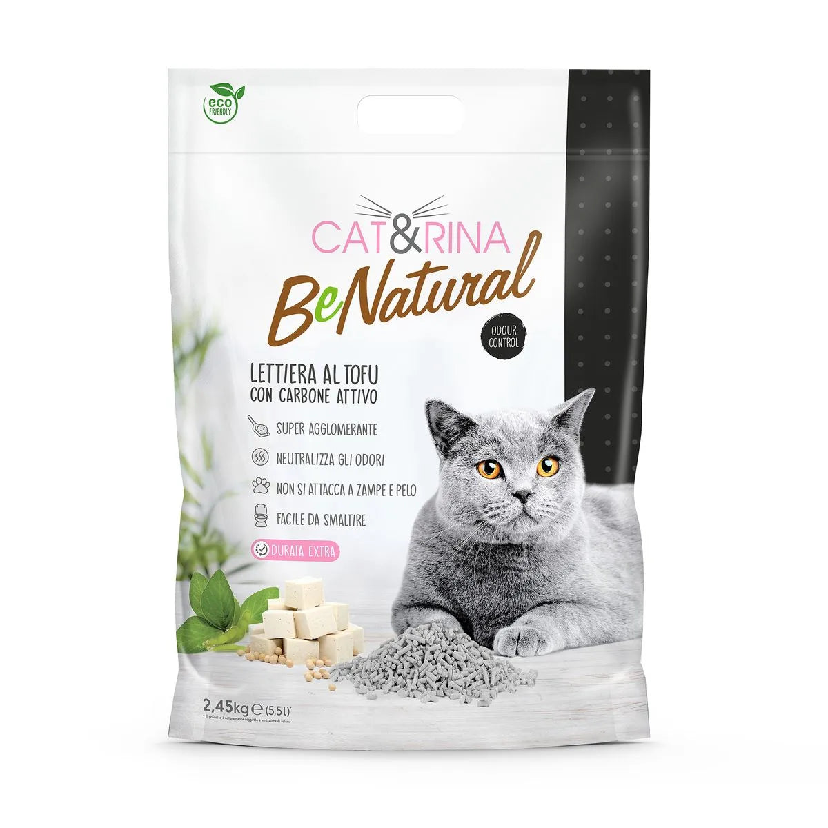 Cat&Rina Be Natural Lettiera al Tofu Carboni Attivi – Lettiera Vegetale Anti-Odore per Gatti 5,5 lt