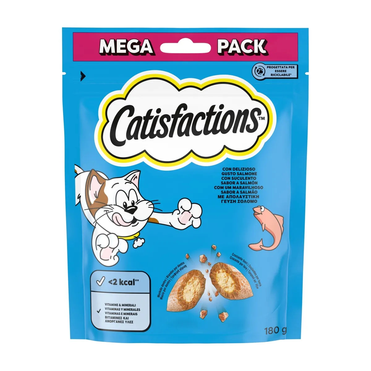 Snack per gatti Catisfactions con salmone AGRIAPPIA, confezione MEGA PACK, croccantini in confezione da 180g con salmone naturale