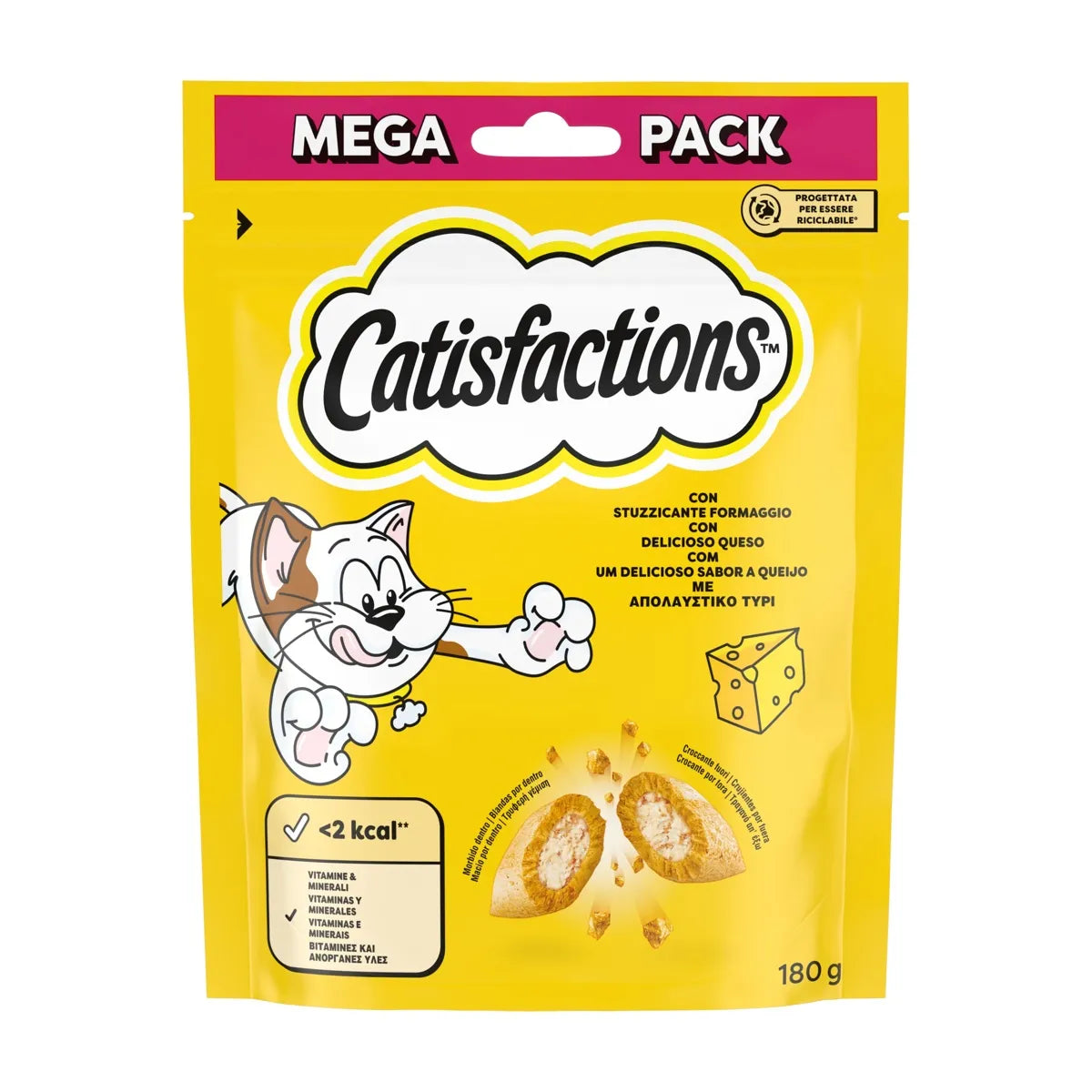 Snack per gatti Catisfactions con formaggio AGRIAPPIA, mega pack da 180g con snack gustosi e croccanti.