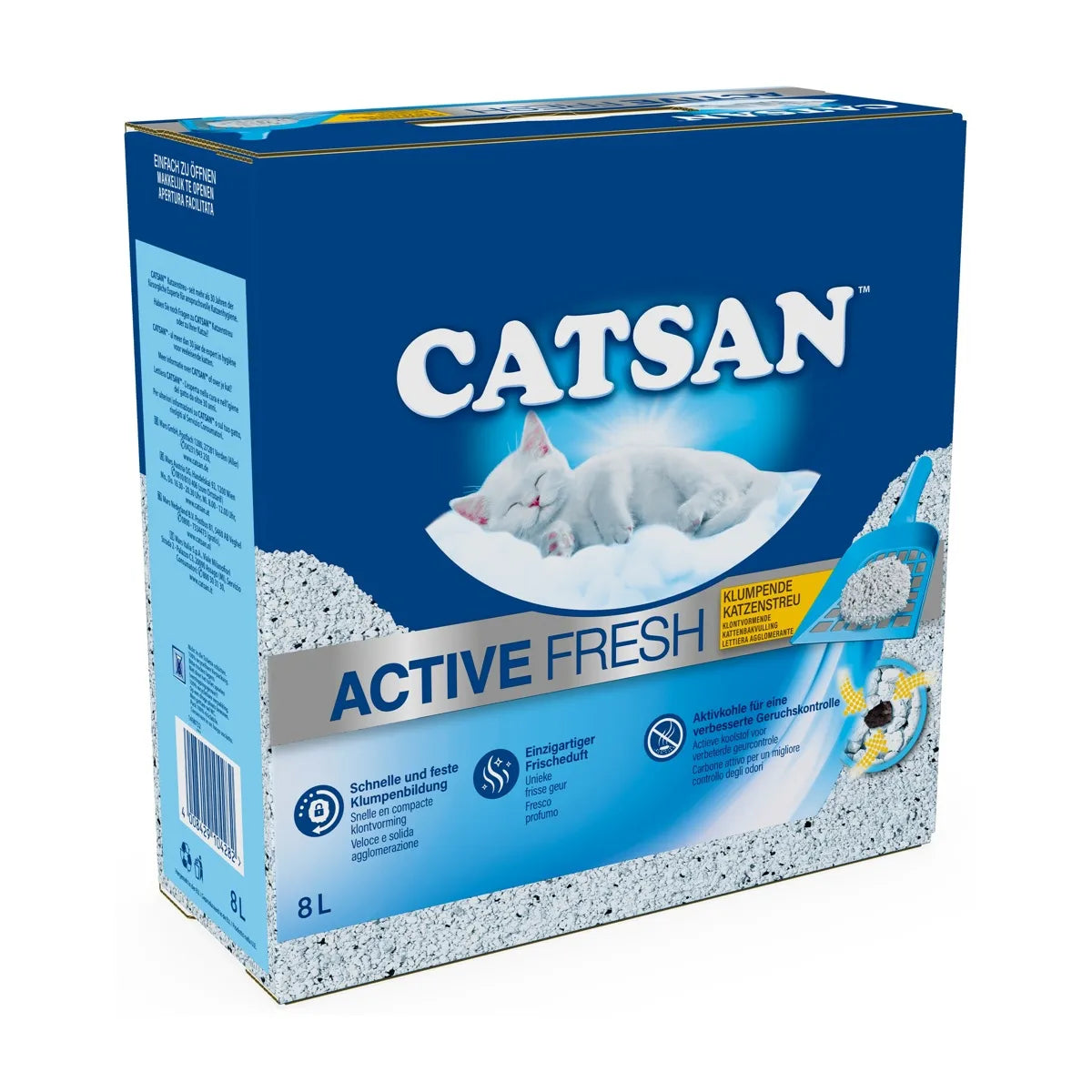 Lettiera agglomerante Catsan Active Fresh di AGRIAPPIA in sacco, con granuli per gatti, colore bianco e confezione aperta.