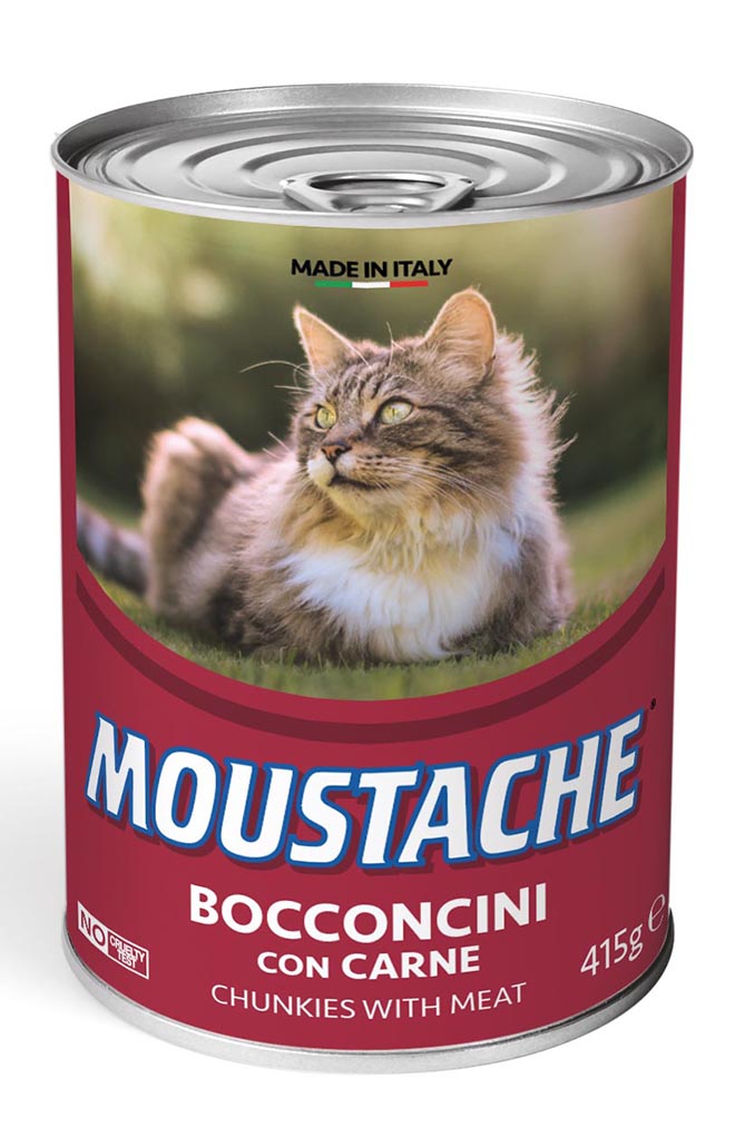 Crocchette per cani adulti Moustache con carne, brand AGRIAPPIA, mostrano bocconcini morbidi con carne in evidenza.
