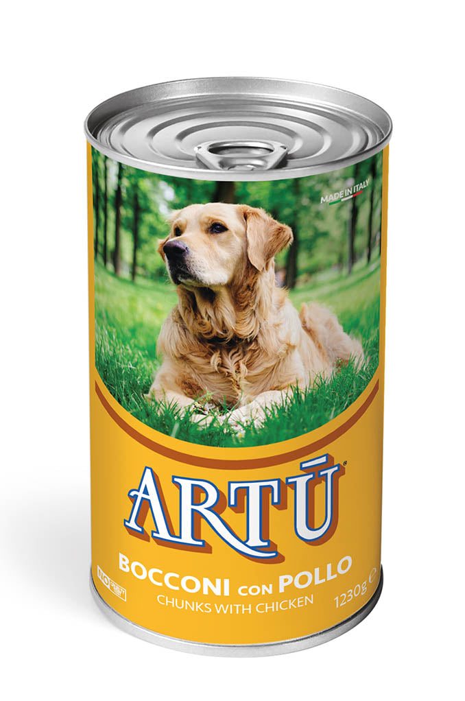 Crocchette Artù Bocconi con Pollo per cani, alimento secco di AGRIAPPIA, con pezzi di pollo visibili nella ciotola.