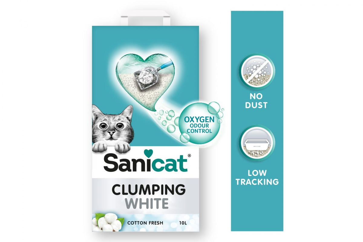 Lettiera Sanicat White Agglomerante Freschezza di Cotone di AGRIAPPIA con grumi visibili, bianca e morbida in ciotola.