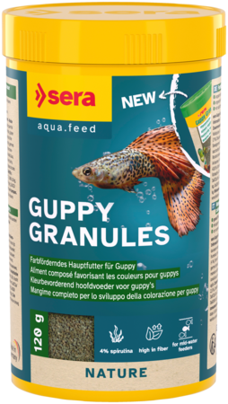 Granuli per pesci Guppy AGRIAPPIA, alimento in pellet per acquari di pesci guppy, visibile nel barattolo con etichetta.