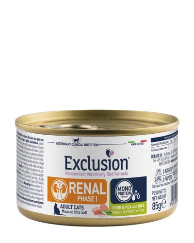 EXCLUSION MONOPROTEIN VET DIET RENAL GATTO MAIALE E PISELLI E RISO 400gr 