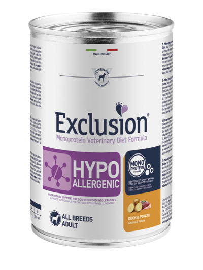 Immagine di un sacchetto di 400g di Exclusion Monoprotein Vet Diet Hypoallergenic di AgriaPPIA, cibo per animali ipoallergenico.
