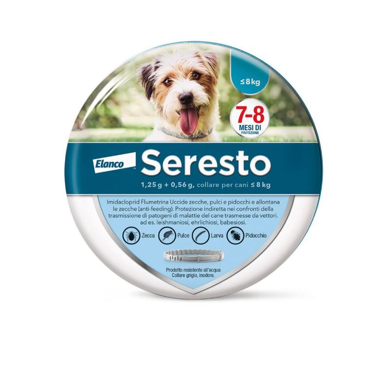 Collare antiparassitario Seresto per cani AGRIAPPIA, in plastica con fibbia, visibile sulla razza di un cane di taglia media