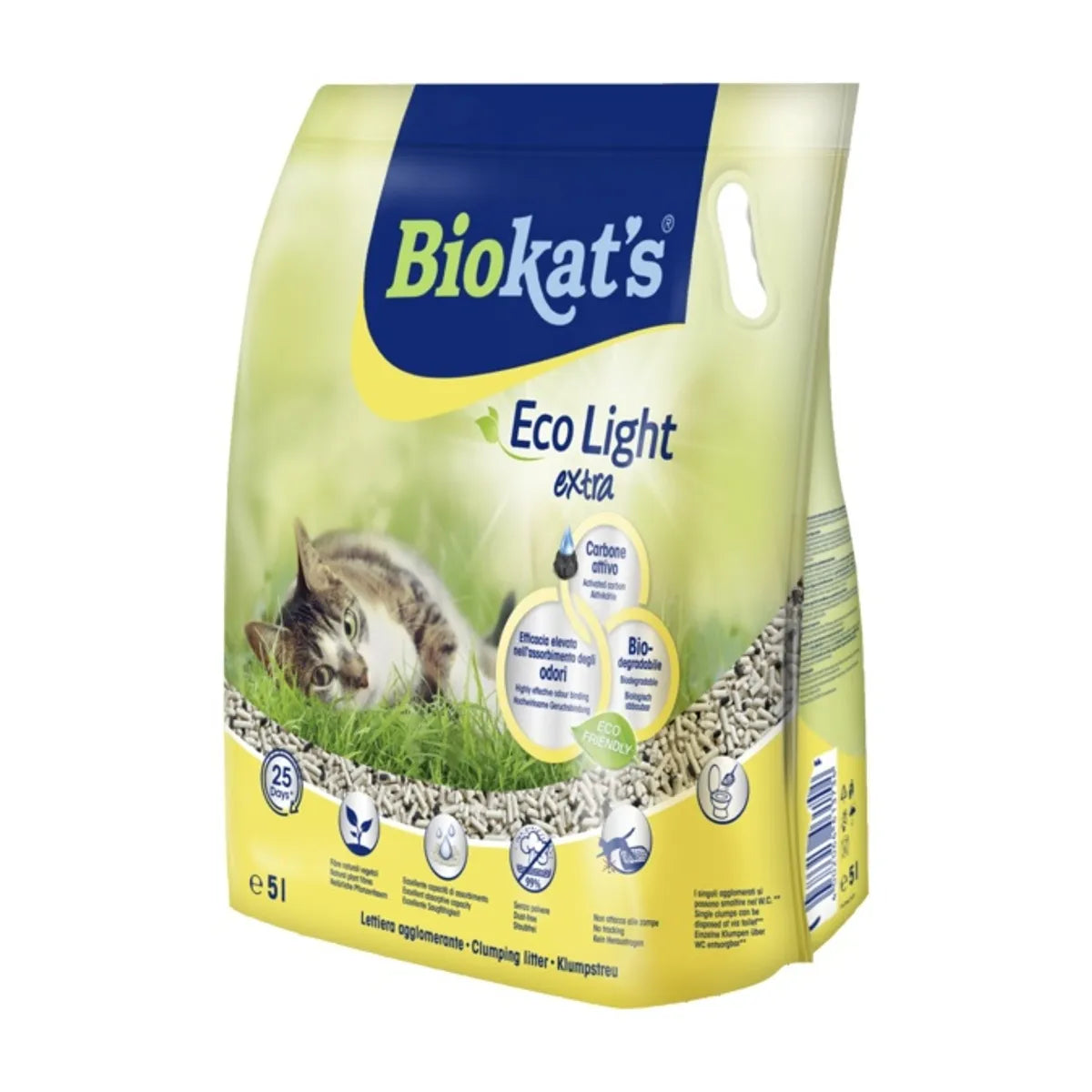 Lettiere agglomeranti Biokat's Eco Light Extra di AGRIAPPIA, sabbia gialla ecologica e assorbente per gatti, in confezione.