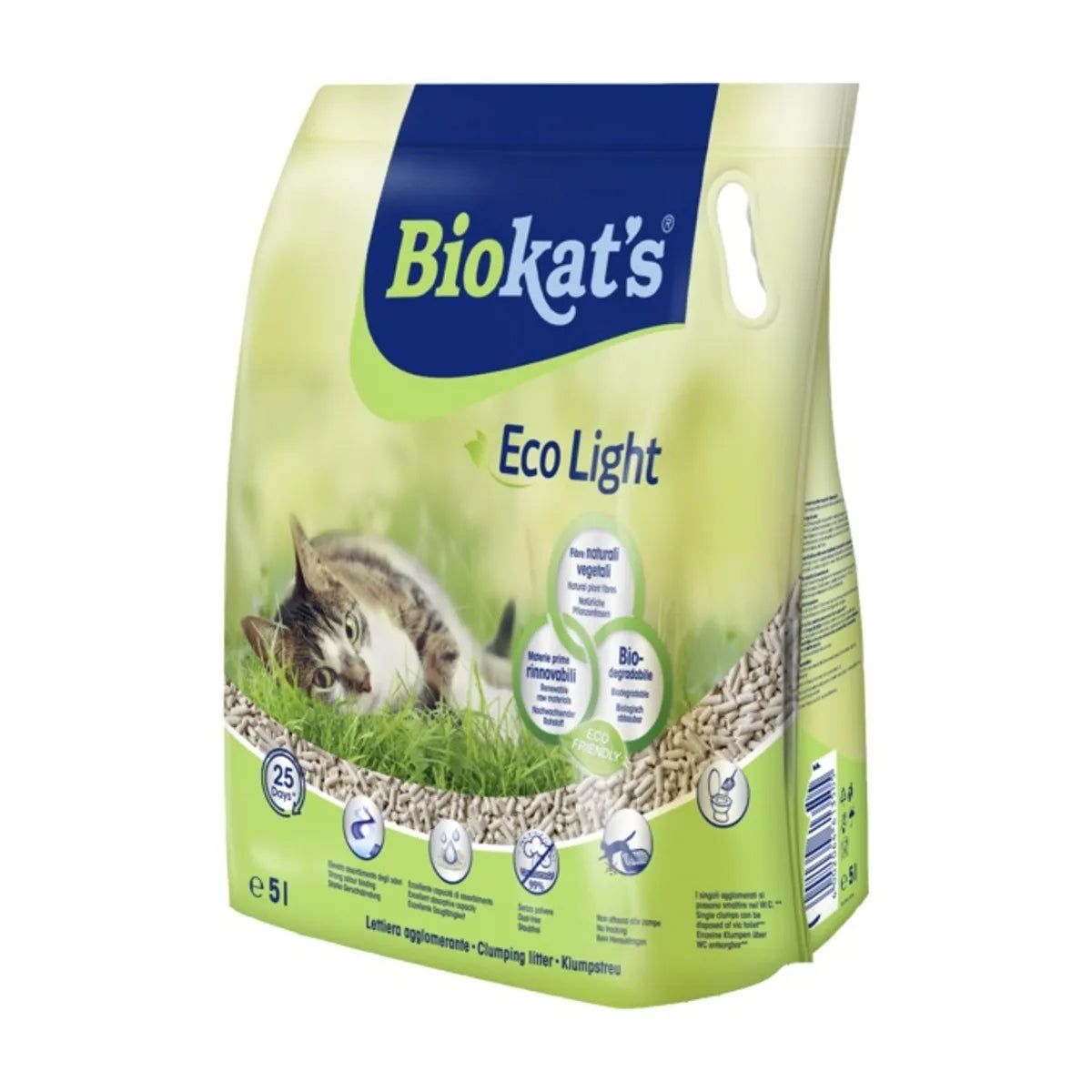 Lettiera agglomerante Biokat's Eco Light di AGRIAPPIA, con granuli verdi e naturale, ideale per gatti, in un sacchetto.