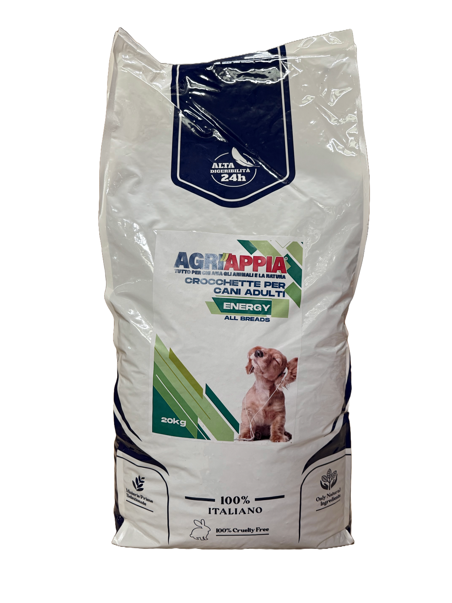 Crocchette Agriappia Energy per cani, cibo di mantenimento, sacco da 20kg, con ingredienti energetici naturali.