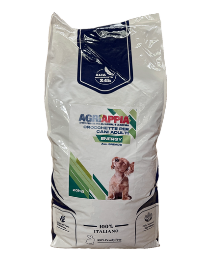 Crocchette Agriappia Energy per cani, cibo di mantenimento, sacco da 20kg, con ingredienti energetici naturali.