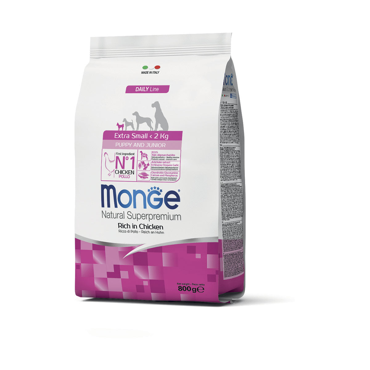 Cibo per cani Monge Natural Superpremium Extra Small Puppy & Junior Ricco di Pollo, confezione da 800g, con crocchette per cuccioli.