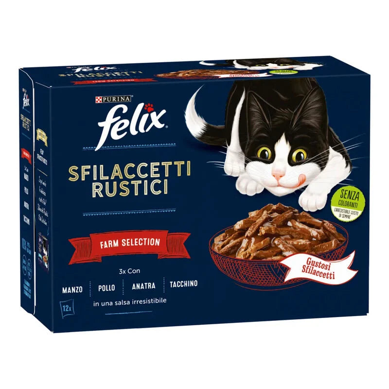 Sfilaccetti Felix Rustici Farm Selection Agriappia con manzo, pollo, anatra e tacchino, alimento umido per gatti, 12x80g