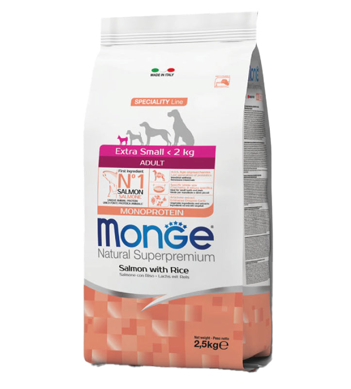 Crocchette Monge Natural Superpremium Extra Small Adult Monoprotein Salmone con Riso, confezione con crocchette per cani adulti