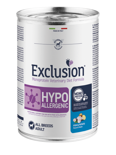 Immagine di una confezione di Exclusion Monoprotein Vet Diet Hypoallergenic AgriaPPIA da 400g, con etichetta bianca e dettagli blu