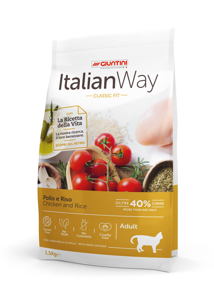Crocchette per gatto ItalianWay Pollo e Riso Classic Fit di AGRIAPPIA, con pollo e riso in ciotola bianca.