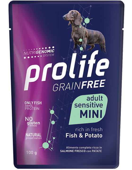 Mini pesci in ciotola con cane Prolife Grainfree di AGRIAPPIA, cibo naturale senza cereali per cani.