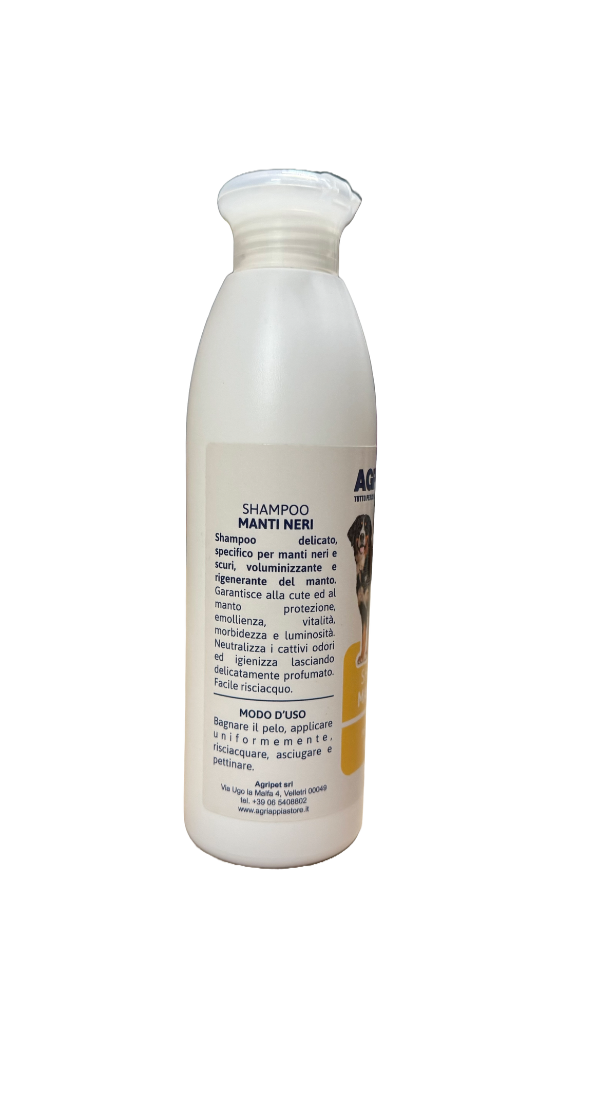 Shampoo Agriappia Manti Neri in bottiglia da 250ml, con etichetta gialla e dettagli di prodotto visibili.