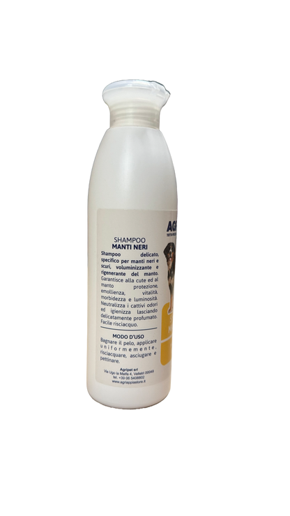 Shampoo Agriappia Manti Neri in bottiglia da 250ml, con etichetta gialla e dettagli di prodotto visibili.