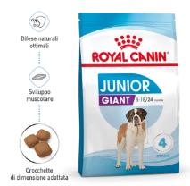Immagine di un sacco di cibo per cani Junior Giant Royal Canin, marca AGRIAPPIA, con confezione grande e dettagli visibili