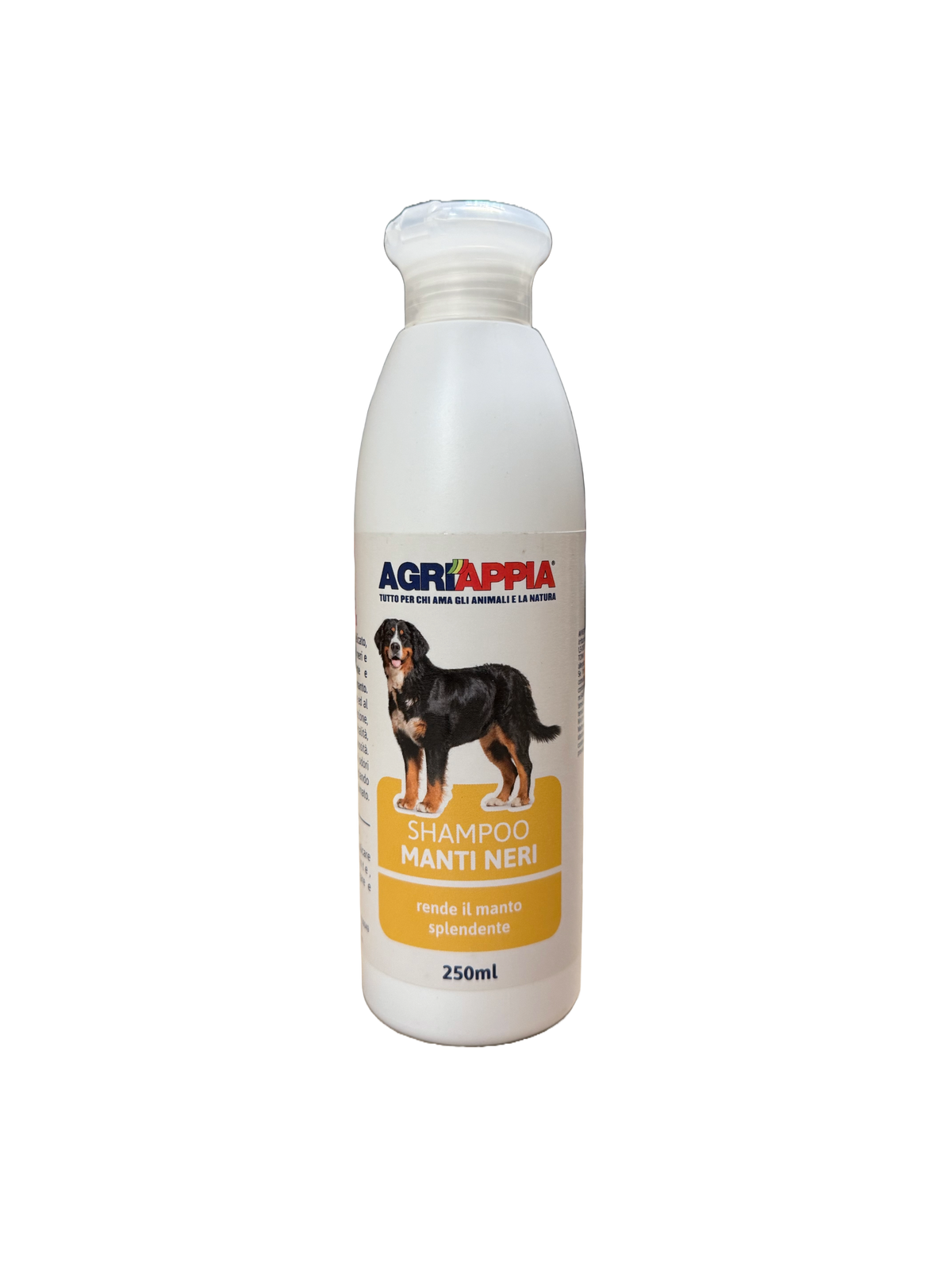 Shampoo Agriappia Manti Neri in bottiglia da 250ml, con etichetta verde e dettagli neri, visibile in primo piano.
