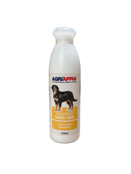 Shampoo Agriappia Manti Neri in bottiglia da 250ml, con etichetta verde e dettagli neri, visibile in primo piano.