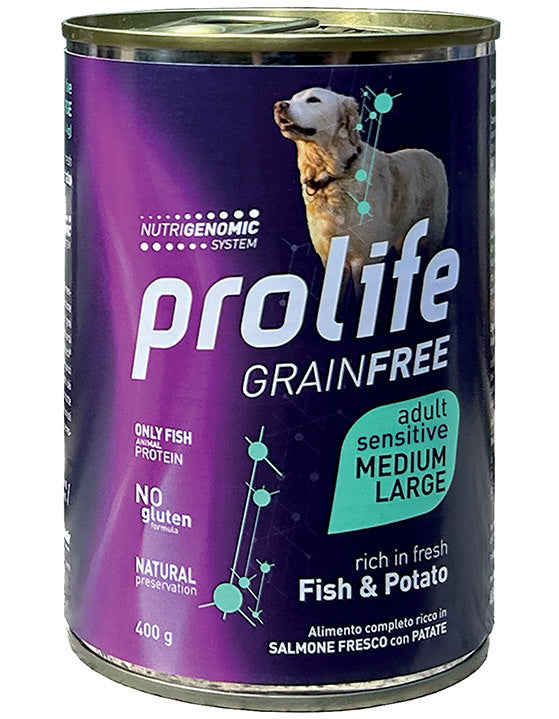 Cane Prolife Grainfree AGRIAPPIA con fiocchi di pesce, alimento naturale per cani senza cereali, in sacco di formato medio.