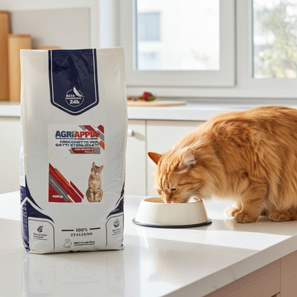 Crocchette Agriappia Gatto Sterilizzato con Manzo e Pollo, cibo per gatti, confezione con crocchette di alta qualità.