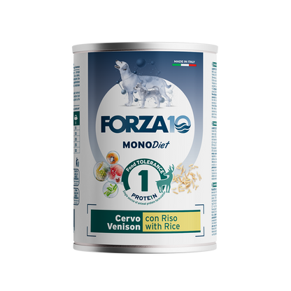 Forza10 Adult Sensitive – Alimento Dietetico Umido Cervo con Riso per Cani 400g