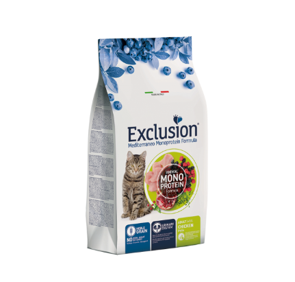 Cibo per gatti AGRIAPPIA EXCLUSION MEDITERRANEO NOBLE GRAIN con pollo, alimento completo per gatti adulti, immagine della confezione