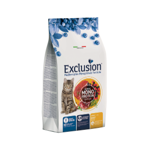 Crocchette per gatti adulti Exclusion Mediterraneo Noble Grain con manzo, cibo per gatti AgriaPpia, contenitore con crocchette in sacchetto