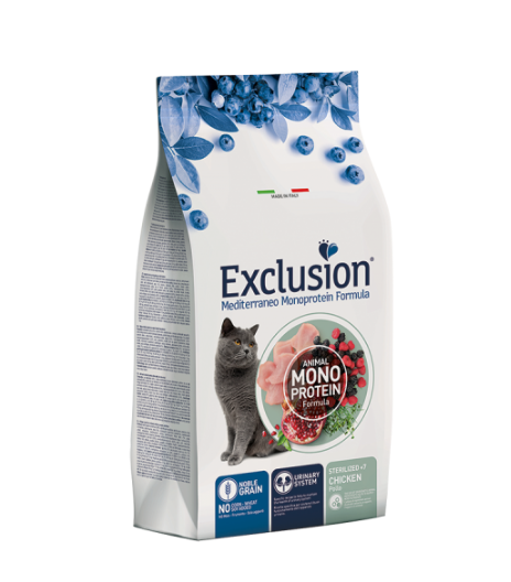 Cibo per gatti AgriaPpia Exclusion Mediterraneo Noble Grain con pollo, alimento sterilizzato per gatti adulti, confezione con crocchette